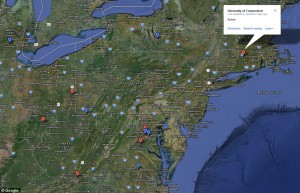 Unusual: The University of Connecticut - one of 19 educational institutions to own spy planes - is the drone site closest to New York City. The North East is the region with the highest concentration. click on the image to enlarge