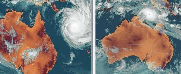 On the right-Australia's most destructive cyclone Tracy in 1972 w/winds 250km, Yasi on the left..