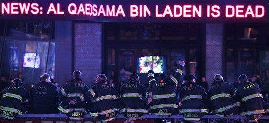 NYC firefighters learn Saturday night that Bin Laden had been killed. Click on the image to enlarge.