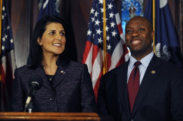 South Carolina Gov. Nikki Haley announces Rep. Tim Scott as Sen. Jim DeMint’s replacement in the Senate during a news conference at the South Carolina Statehouse, Monday, Dec. 17, 2012, in Columbia, S.C. , making him the only black Republican in Congress and the South’s first black Republican senator since Reconstruction. (AP)
