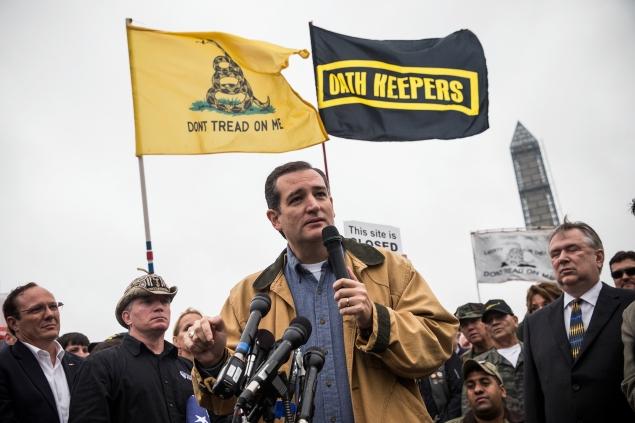 Sen. Ted Cruz (R-Texas) speaks Sunday at the rally, supported by military veterans, tea party activists and Republicans. 